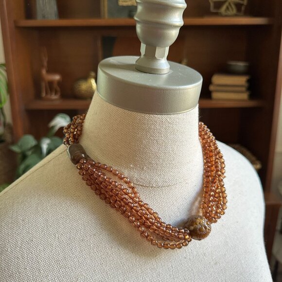 Vintage Brown Beaded Necklace Multi-Strand Plastic Beads with Floral Accent Bead - Picture 3 of 6